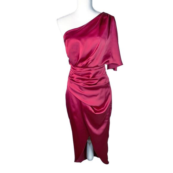 Do + Be Satin Cocktail Party Dress One Shoulder Asymmetrical Hem Red Burgundy S - Picture 3 of 11